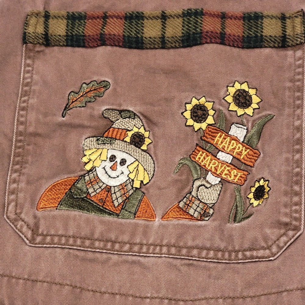 Vintage Mandal Bay Overalls Womens XL Brown Happy Harvest Scarecrow Fall Plaid - Picture 2 of 16